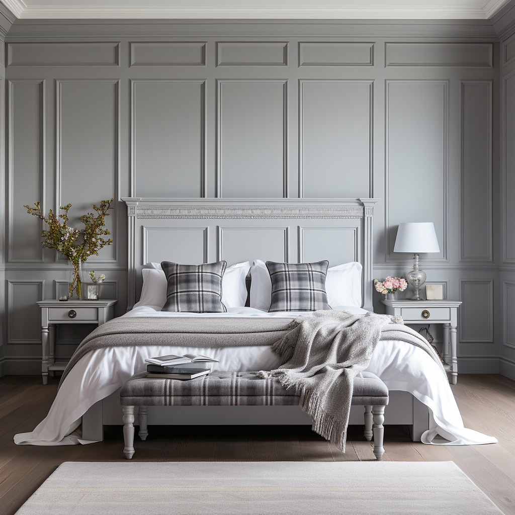 A beautifully furnished bedroom with a large bed, a bench, and gray walls creates a calming and cozy atmosphere.